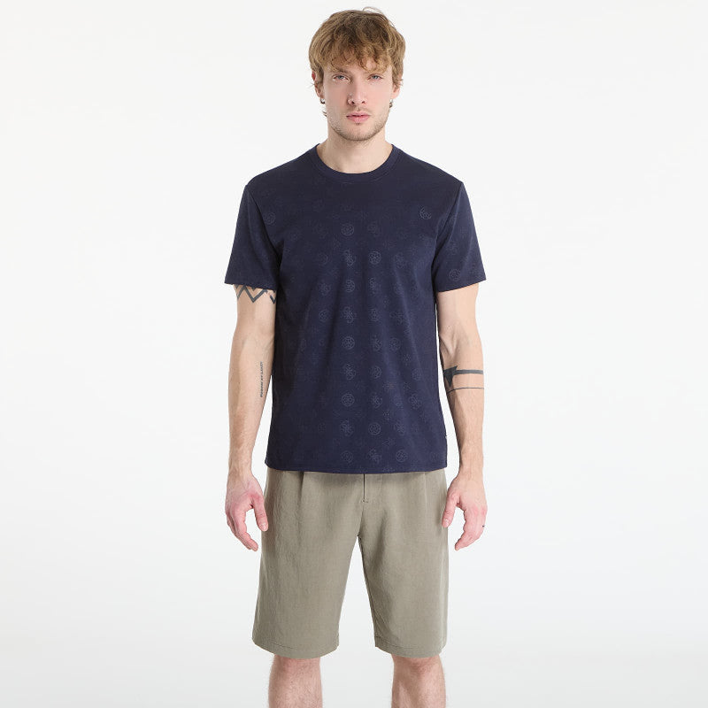 Guess Jeans Nico Embossed Knit Ss Crew Peony Logo Smart Blue