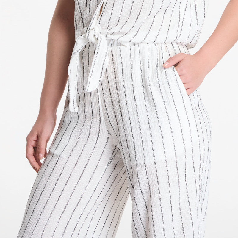 Urban Classics Ladies Structured Striped Relaxed Fit Pants Off White/ Black