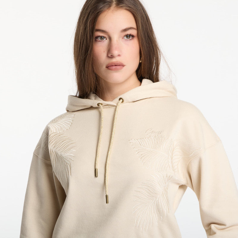 Guess Jeans Ls Hooded Leaves Crop Sweatshirt Pearl Oyster