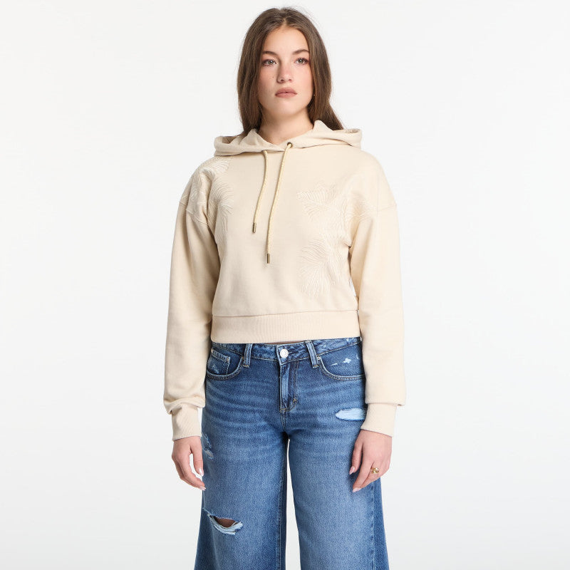 Guess Jeans Ls Hooded Leaves Crop Sweatshirt Pearl Oyster
