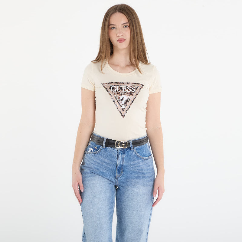 Guess Jeans Ss Cn Leo Triangle Tee Pearl White