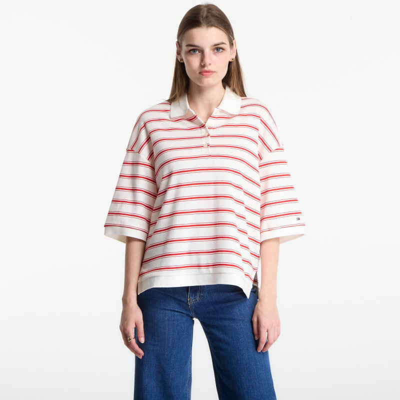 Tommy Hilfiger Multistp Oversized Ss Polo Tee Multi Stp Ecru / Fire Red